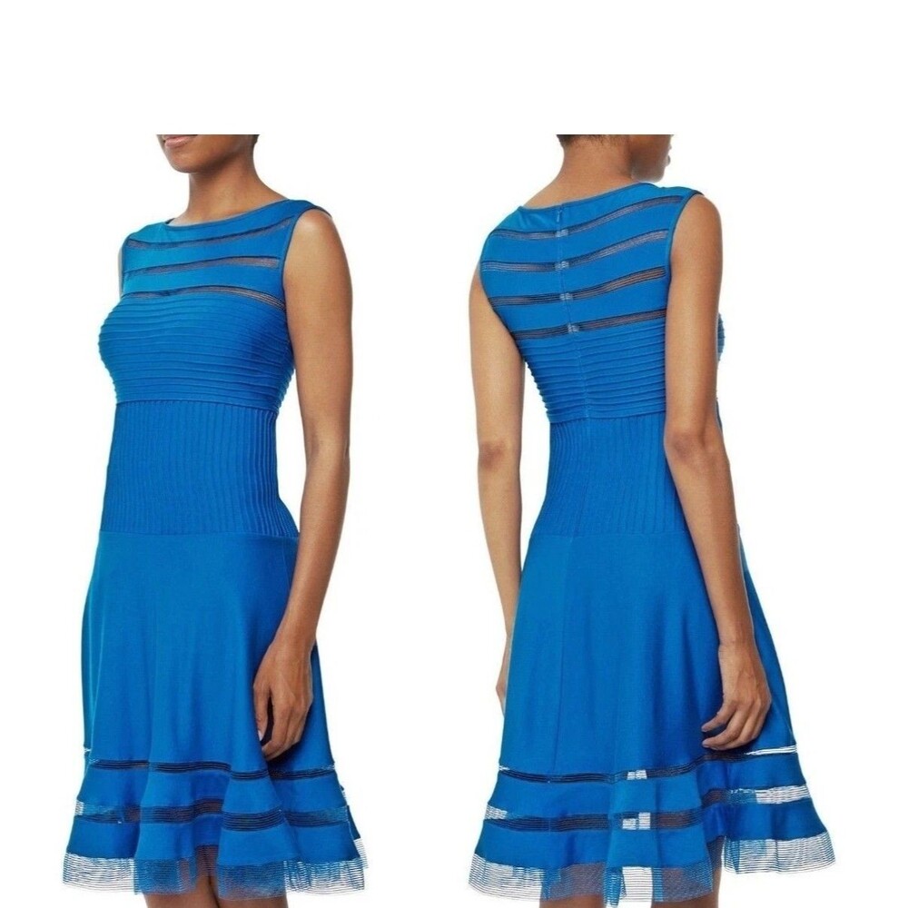 Tadashi Shoji Blue Fit & Flare mesh illusion Dainty Woman Party dress Size L